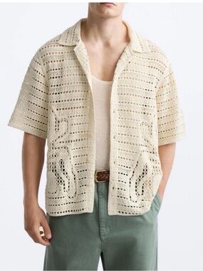 Zara Cream Crochet Short-Sleeve Button-Down Shirt size xl NWOT